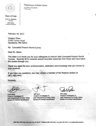 Letter of Commendation from Utah Department of Public Safety